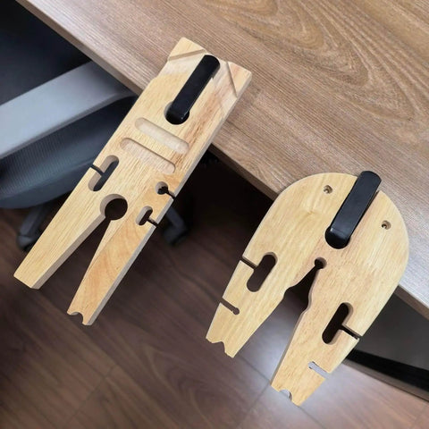 Two Pro Grade Jewelry Clamp Fixtures for Goldsmithing and DIY Crafting, wood workholding devices clamped on a bench.