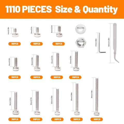 1110-Piece M3 Stainless Steel Socket Head Screw And Nut Kit With Hex Drive Cap Screws From 4 To 30 Millimeter assortment shown