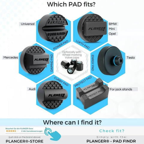 Infographic showing different Planger jack pads, including Daimnd Heavy Duty Rubber Jack Pad for Mercedes Benz and German Cars.