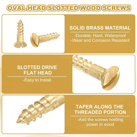 M2 x 8mm Slotted Wood Screws 25 Pack Solid Brass Oval Head Self Tapping Fasteners For DIY Wood Furniture Projects Hinges Latches Hasps Box Making Gold Tone in close-up showing brass material, slotted drive flat head, and thread tapering.