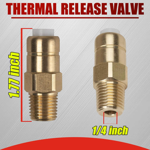 Two brass thermal release valves for pressure washer pump, front and side views, 1/4 in NPT threads, Amazon brand