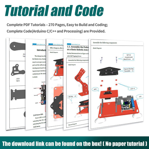 Adeept 5DOF robotic arm kit instruction sheets showing red arm components and OLED display