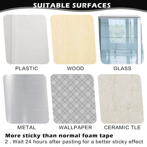 Suitable surfaces for 8 Pack Self Adhesive Cabinet Handles In Black ABS Plastic include plastic, wood, glass, metal, wallpaper, ceramic tile.