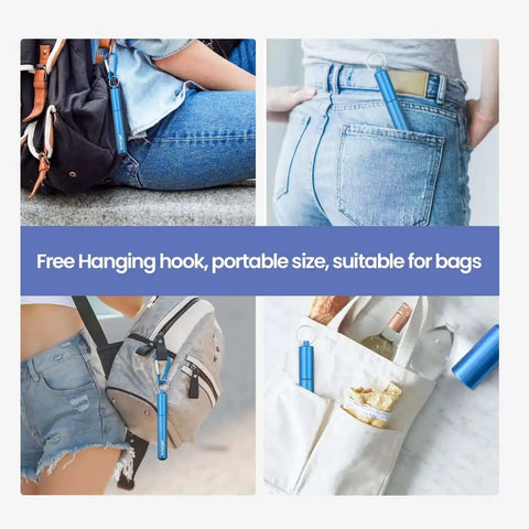 Travel Ready Reusable Collapsible Telescoping Stainless Steel Straws 4 Pack TSA Friendly with carabiner on bags and pocket