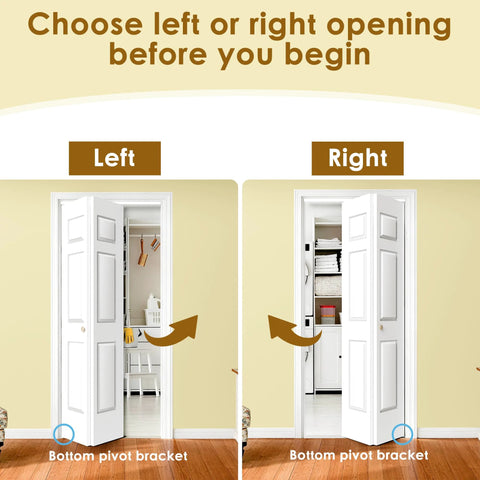Bifold Door For 30 By 80 Opening, 6 Panel Hollow Core Closet Door With Hardware Kit, shown in left and right open positions