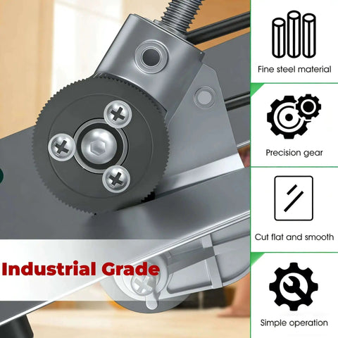 Close-up of Pro Grade Drill Nibbler Attachment for sheet metal cutting with coated blade showing precision gear design and features.