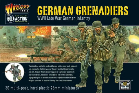 Box art of German Grenadiers 28mm plastic miniatures for Bolt Action WWII tabletop game with STG44, MP40, and MG42 options.