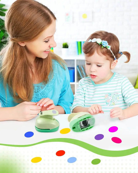Mother and child using 1 Inch Oval Lever Punch for Scrapbooking and Card Making, easy cut paper punch tool for crafting DIY cards.