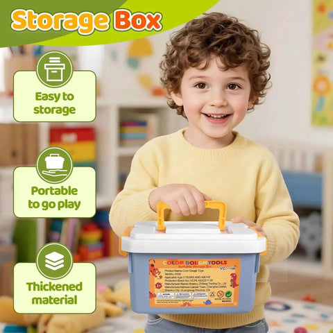 Child holding Kids Dough Play Tools Set 22 Piece with Storage Box Silicone Mat Rolling Pins Safety Scissors Mini Knife 3D Dino and Animal Molds.