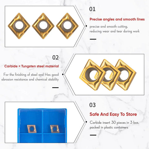 Gold carbide inserts and storage box for Lathe Boring Bar Set Pro Grade 4 Holder SCLCR06 95 Degree with 10 CCMT0602 inserts.