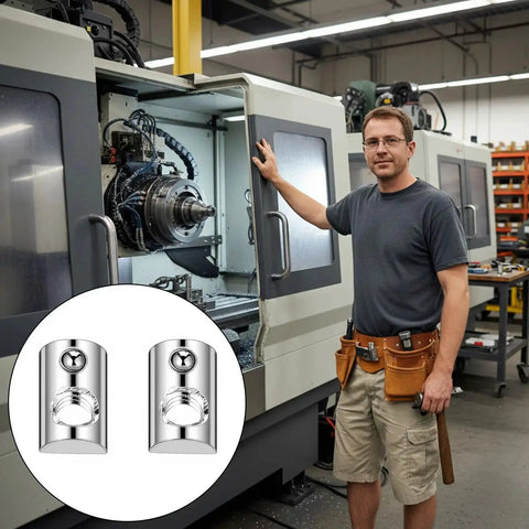 Man standing near CNC machine with inset image of Twenty Pack 1/4-20 T Slot Nuts With Ball Spring For 10 Series Aluminum Extrusion Rails.