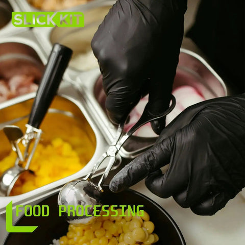 Person using Black Nitrile Gloves 4 Mil Latex Free Powder Free Large Pack Of 100 for food processing, scooping ingredients.