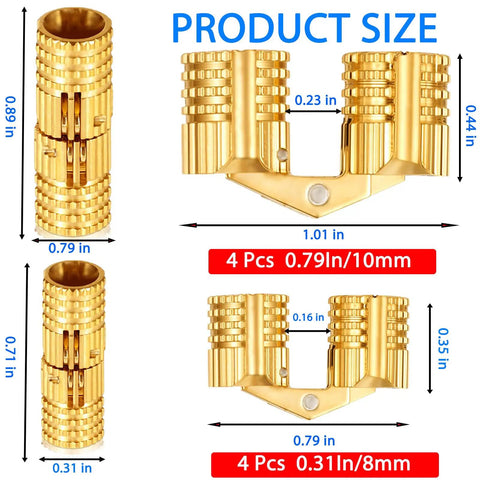Hidden Brass Barrel Hinges Kit For Jewelry Boxes And Small Cabinets 180 Degree Flush Mount Solid Brass Construction 8mm And 10mm Hinges 8 Piece Set 4 Each For Wood Doors By OFCOX with measurement details.
