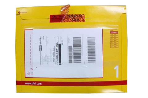 TamperSeals Group 2-roll tamper-proof security tape, red void film, applied to a DHL yellow shipping box