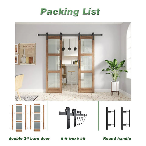Double 24x84 Inch Glass Barn Doors With 48 Inch Opening, 8 Ft Hardware Kit And Handle Included, installed in living room