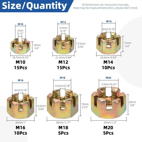 60Pcs Hex Slotted Nuts Set M10 M12 M14 M16 M18 M20 Carbon Steel Hex Castle Nuts dimensions and quantities displayed.