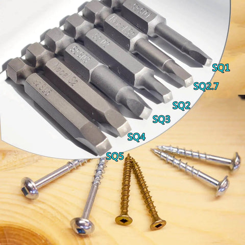 Square Head Screwdriver Bits Set, 6 Sizes SQ1 SQ2 SQ2.7 SQ3 SQ4 SQ5, 1/4 Inch Hex Shank, Magnetic Tips, Pro Grade Heavy Duty S2 Steel, 2 Inch Bits