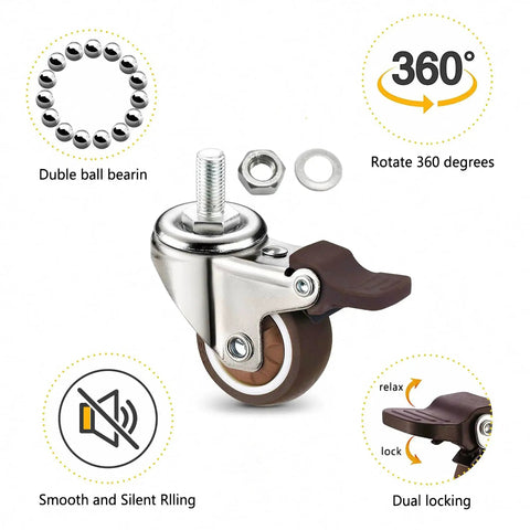 Four Pack Swivel Stem Casters With One Inch TPR Silent Wheels, 6mm M6 Threaded Bolts, brown finish, close-up of wheel and brake.