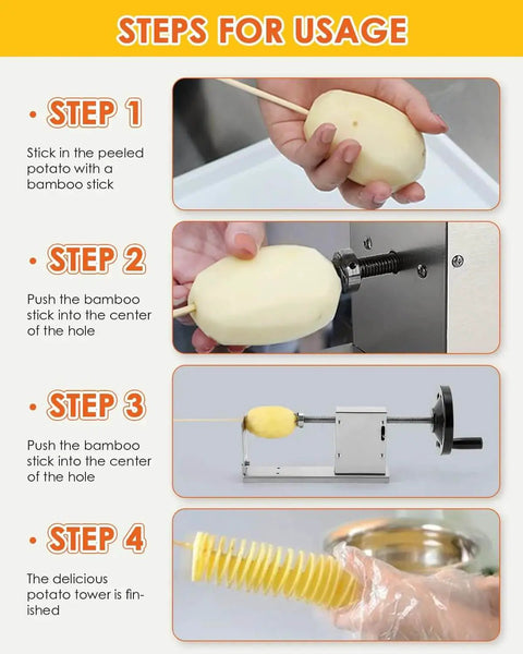Steps for using 3 In 1 Manual Tornado Potato Slicer With Spiral Cutter And Twisted Cutter For Curly Fries visible in action
