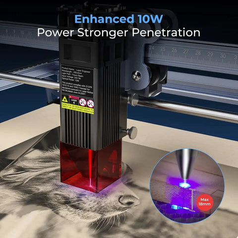 Close-up of Dope 10W Laser Engraver and Cutter with 72W peak power, engraving a detailed image on wood surface.