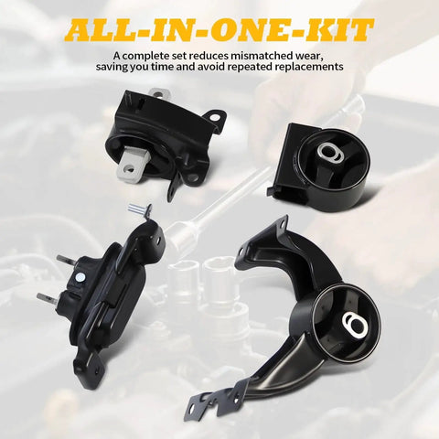 4 Piece Engine And Transmission Mount Set For Grand Caravan 2011 To 2020 V6 3.6L Automatic Replacement Mounts For Town And Country CV Routan A5665 A5480 A5589 A5577 Direct Fit Replacement To Restore Performance And Minimize Vibration For A Smooth Quiet, shown separately against vehicle background.