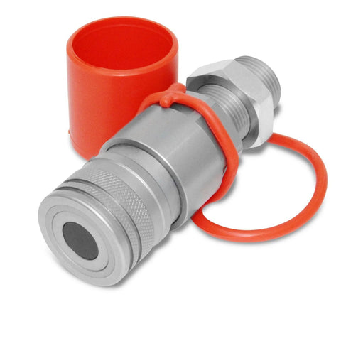 Summit Hydraulics flat-face hydraulic quick connect coupler, 5/8 ORFS bulkhead, gray metal with orange cap