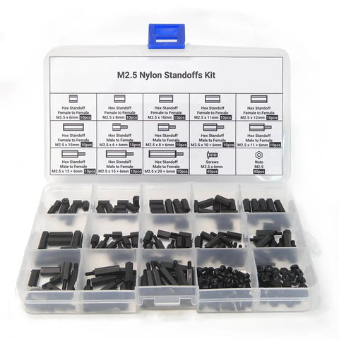 Raspberry Pi Nylon M2.5 Standoff Kit With Screws Nuts Spacers And Standoffs 210 Pieces For DIY Projects in an organizer box