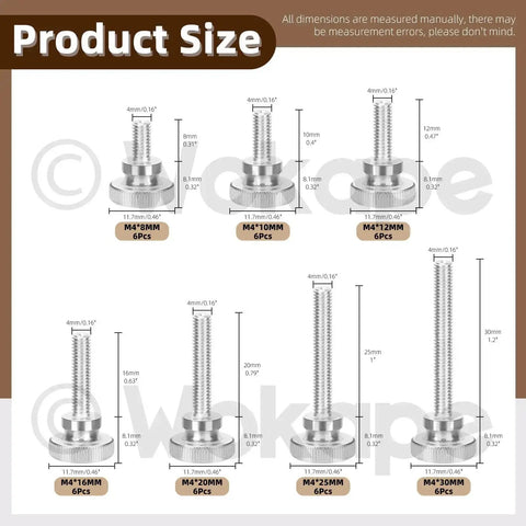 M4 Knurled Thumb Screw Set, 42 Piece Assortment with 8, 10, 12, 16, 20, 25, 30mm Sizes, nickel plated iron, product size chart