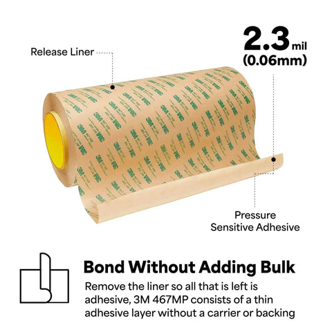 Adhesive Transfer Tape 467MP roll with 58# kraft liner, clear high performance acrylic 200MP, 2.3 mil thickness for bonding
