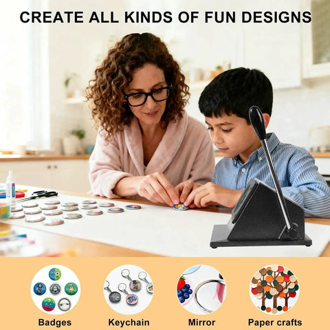 Adult and child crafting with 58mm Button Paper Cutter Punch Die Tool For Button Maker Machines, Pro Grade Metal Graphic Circle Punch Cutter.
