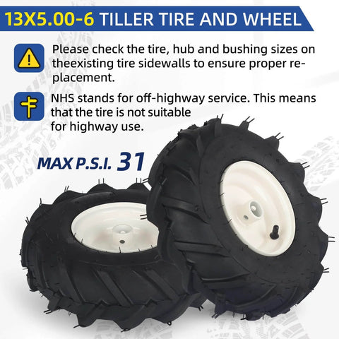 13x5.00-6 Tubeless Tiller Tire And Wheel Set With 1 Inch Axle And 3-1/8 Inch Centered Hub For Agriculture Equipment, Super Lug Tractor And Trencher Replacement, Fits 13x5-6 Size, 1 Pack shown in close-up with sidewall details.