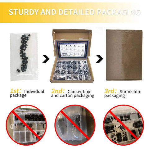 Image showing packaging stages of Internal Hex Drive Cup Point Screws Kit With 22 Sizes M2 To M8, 666 Pcs, 12.9 Grade Alloy Steel Black Finish.