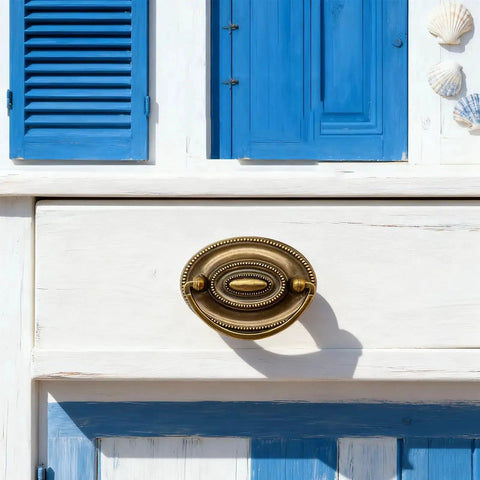 Antique Oval Ring Pull on blue and white cabinet, 4-Pack Vintage Drawer Pulls Zinc Alloy 80x57mm, retro style for furniture