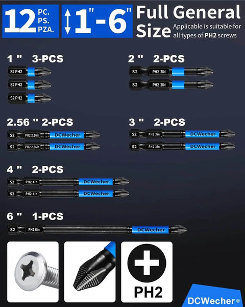 12 Pack Phillips Bits for Impact Drivers Magnetic Ph2 Set with Long Lengths 1 to 6 Inches S2 Alloy Steel CNC Anti Slip Quarter Inch Hex Shank for Driver and Screwdriver by DCWecher displayed with various lengths.