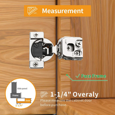 Chibery 2-pack 1-1/4 in overlay satin-nickel soft-close hinges for face-frame cabinet doors.