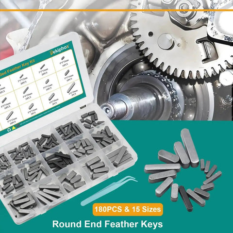 Woodruff Key Stock Assortment Kit With 180 Pieces 15 Round End Feather Keys Parallel Drive Shaft Keys For Fasteners Mechanical Industry Crankshaft Applications High Hardness Carbon Steel With Abrasion And Vibration Resistance displayed in open box near gear mechanism.