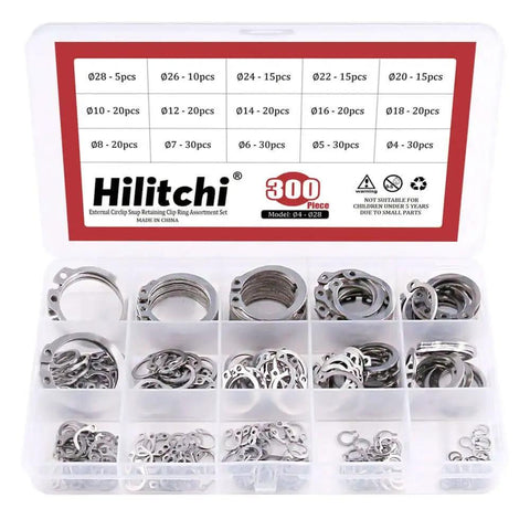 External Circlip Snap Ring Set For Retaining Clips, 15 Metric Sizes Including 4 5 6, 304 Stainless Steel, Rust Resistant For Indoor And Outdoor Use, 300 Piece Assortment For Automotive And Machinery Hilitchi
