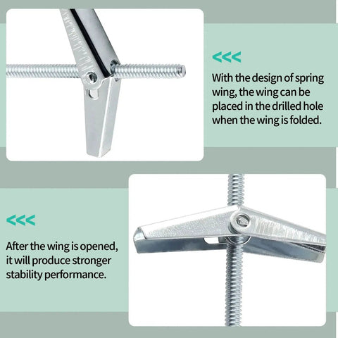 10Pcs 1 Eighth By 2 Inch Round Head Toggle Bolts With Wing Nuts For Drywall And Wood Hanging, shown folded and unfolded for stability.