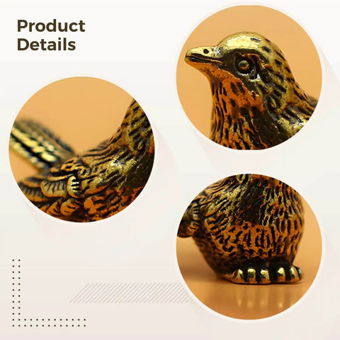 Close-up of Brass Sparrow Hinge Heads Set Of Four Vintage Bird Figurines showing lifelike feather detailing and solid brass construction.