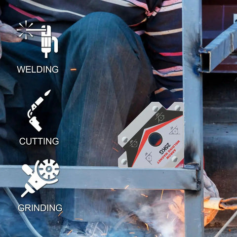 Six Piece Magnetic Welding Magnet Set With Twenty Five Pound And Fifty Five Pound Holding Power Heavy Duty Magnetic Welding Holders For Angled Joints And Fixed Positioning Durable Weld Clamp Accessories For Metal Fabrication in use during welding on metal structure.