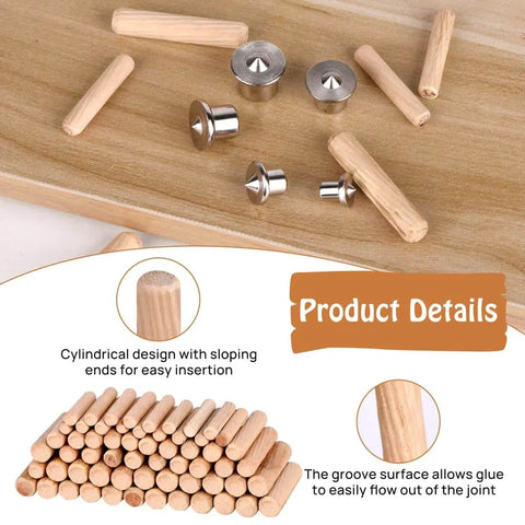 Pro Grade Woodworking Dowel Pin Set With 24 Centering Pins In 6 8 10 12 Mm And 75 Dowel Pins In 6 8 10 Mm on wooden surface