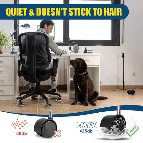Heavy Duty Silent Office Chair Wheels Casters For Hardwood Floors And Carpet With Standard Stem, man working at desk, dog nearby