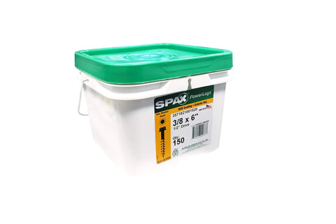 Heavy Duty Three Eighths By Six Inch Exterior Hex Lag Screws For Structural Wood With Low Profile Washer Head Boss Level Grip Clamping Powerlags Bit Included Rust Resistant Bulk 150 Count From SPAX in a white container with a green lid.