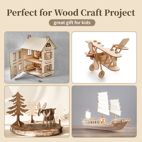10 Pack 12x12 Inch Unfinished Basswood Plywood Sheets One Sixteenth Inch Thick For Laser Cutting Engraving Burning And Craft Projects Durable Blank Boards For DIY Makers shown as wood craft models including a house, airplane, forest scene, and ship.