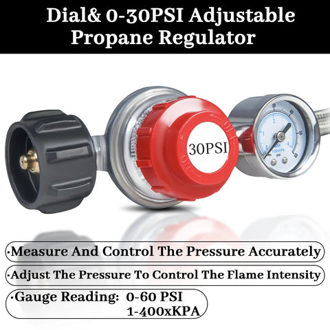 Propane regulator with 0-60 psi gauge, red adjustment collar, and stainless steel braided hose for gas grills (side view)