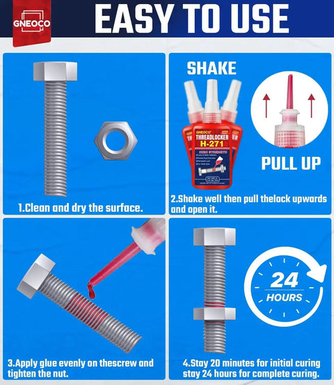 Instructions for using Blue And Red Thread Lock For Nuts Bolts And Fasteners Medium High Strength Lock Tight With Anaerobic Curing