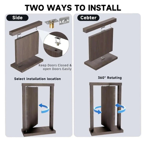 Two installation methods for Secret Door Hinge Kit With 360 Degree Pivot, showing side and center mounting options for hidden doors.
