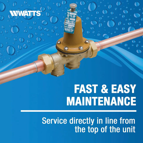 Watts LF25AUB-Z3 water pressure reducing valve, brass body, copper piping, 3/4 in NPT female unions on both ends