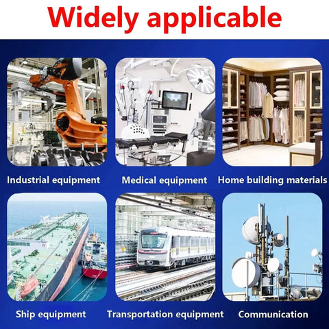 Collage showing applications: industrial equipment, medical equipment, home building materials, ship equipment, transportation, communication