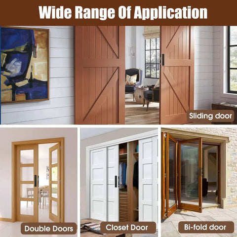 Display of sliding, double, closet, and bi-fold doors, showcasing various applications for Pocket Door Lock Set With Edge Pulls And Hidden Handles For Sliding Doors Black Privacy Finish Fits Doors From One And Five Twelfths Inch To Two And Two Eighths Inch Thick Durable Pocket Door Hardware For Smooth Operation And Secure Privacy.